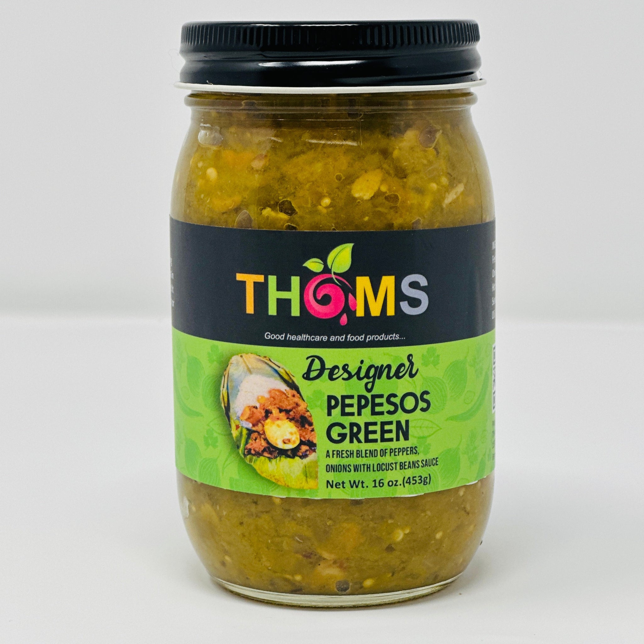 16 OZ DESIGNER PEPESOS "GREEN" sauce, a fresh blend of green peppers with aromatic locust bean flavor!
